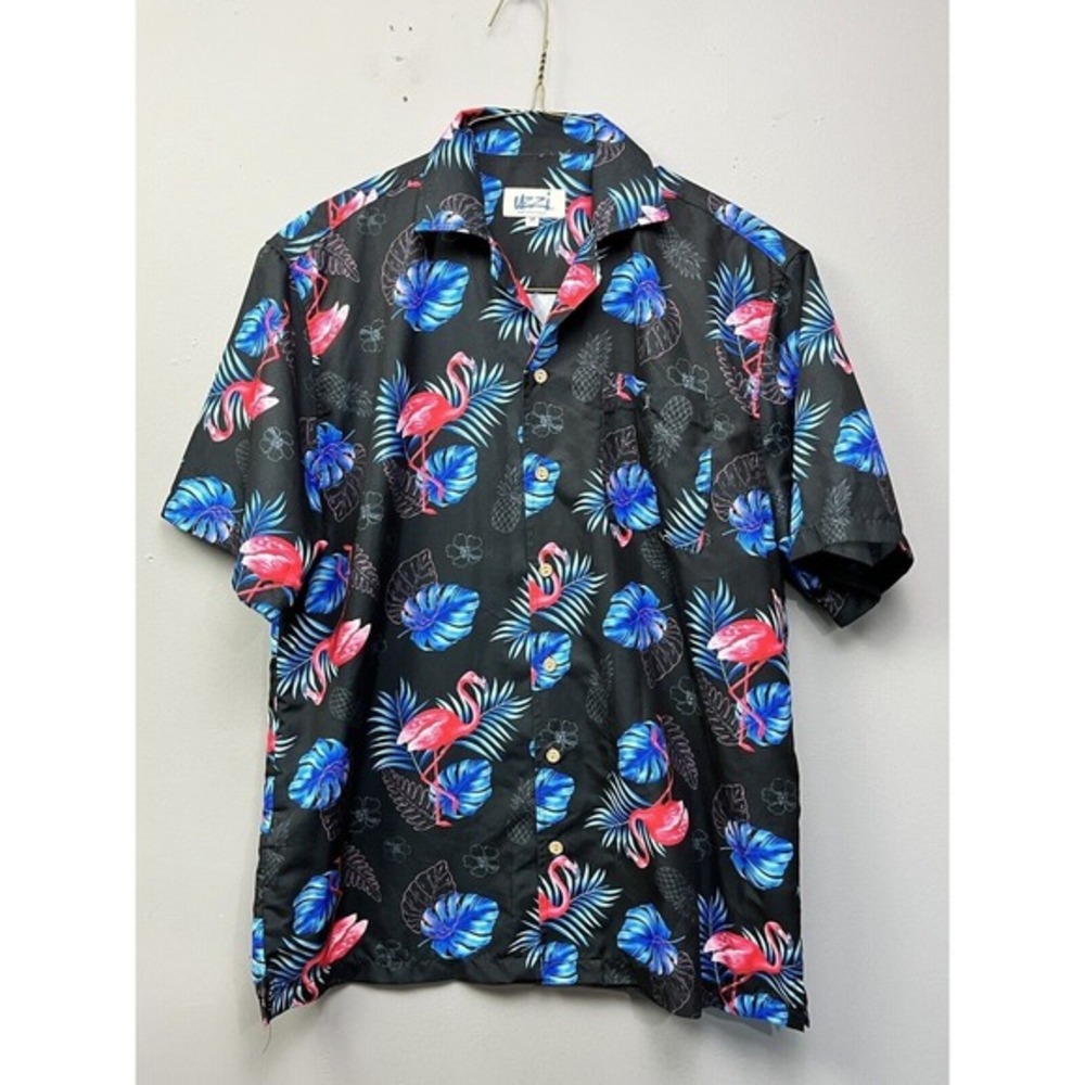 Uzzi Amphibious Gear Mens Medium Flamingo‎ Tropical Button Up Shirt Black HP75